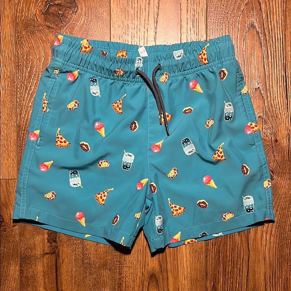 Tag Teal Swim Shorts with Pizza Print